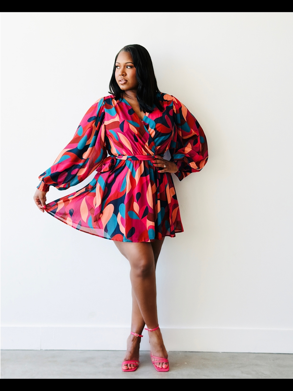 V-Neck Long Sleeve Mini WrapDress in Multicolor Vibrant Print